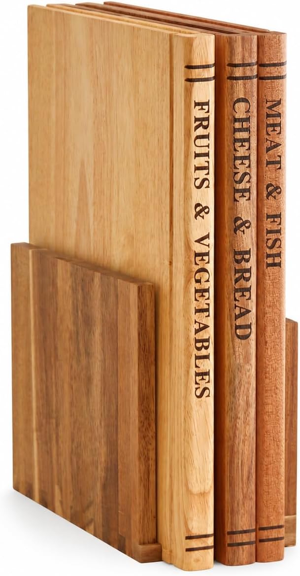 Book Cutting Board Set of 3 with Stand, Acacia Wood Kitchen Chopping Boards