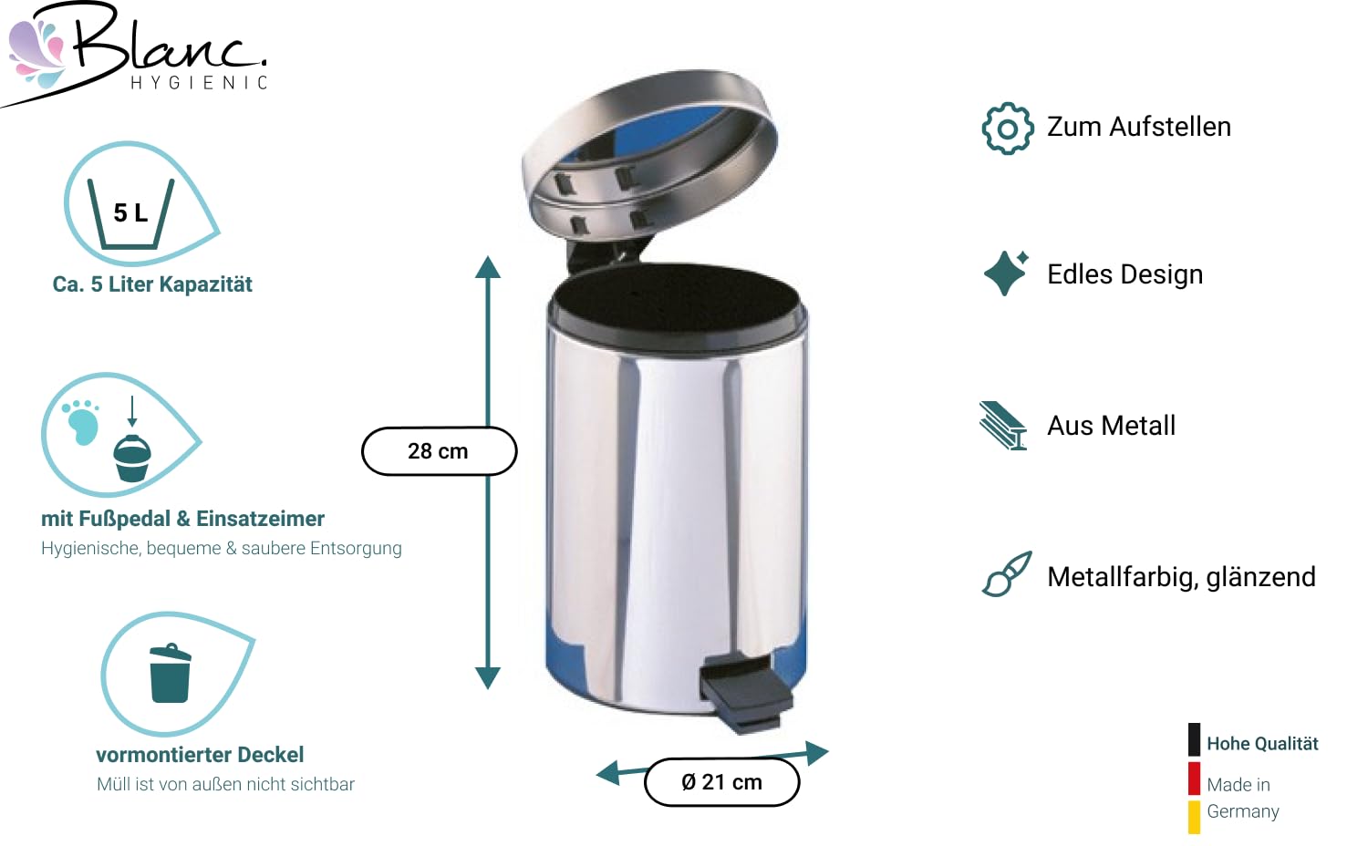 Treteimer Kosmetikeimer mit Fußpedal 5 Liter Silber | Metall-Treteimer mit Fußpedal & Inneneimer, hygienisch für Bad, WC, Büro & Praxis
