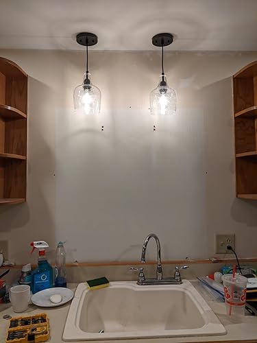 Miniatura 5 de Paquete de 2 lámparas colgantes para isla de cocina para interiores, 6.1 pulgadas, lámparas colgantes de vidrio sembrado transparente, acabado