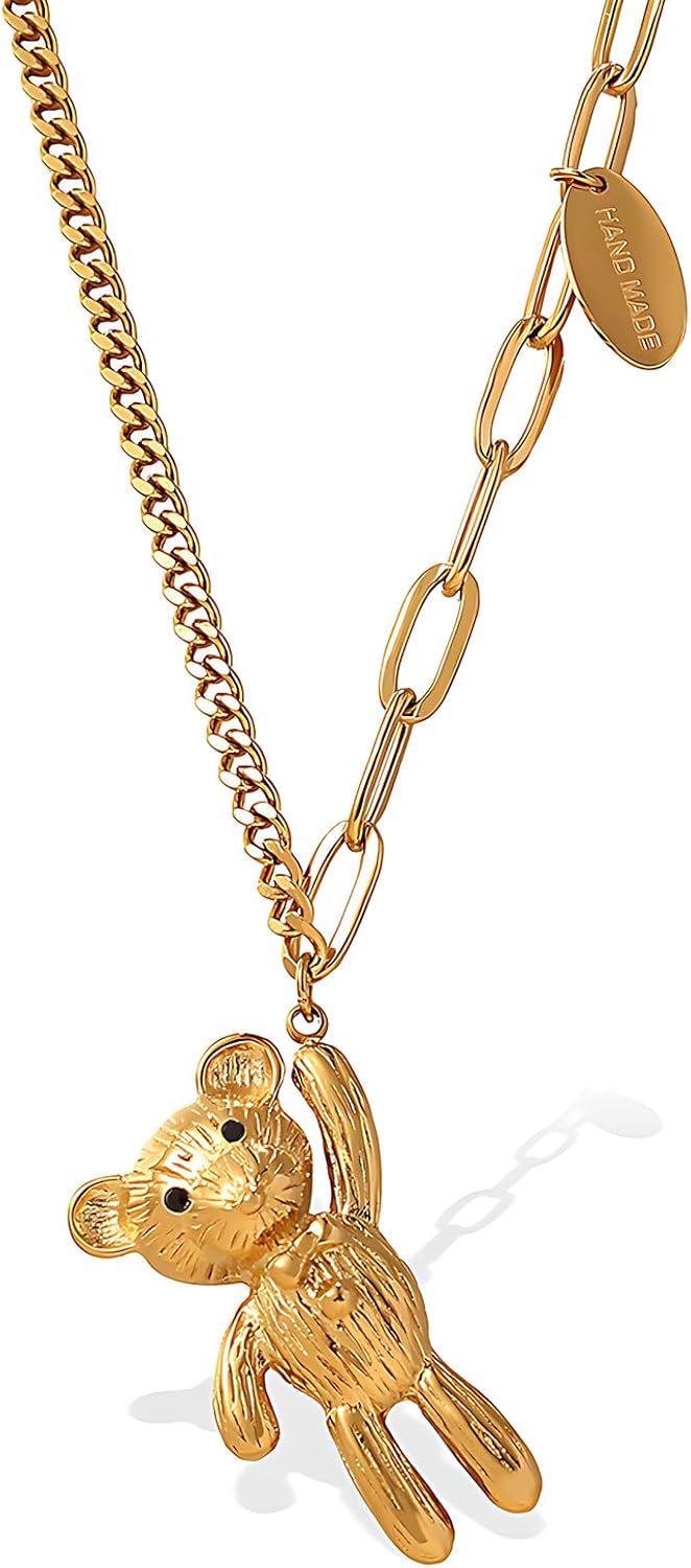 Stainless Steel Gold - Plated Teddy Bear Pendant Necklace for Women - Chic Fashion Jewelry