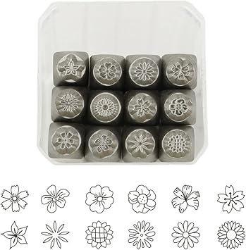 12 Pieces Metal Stamping Tool Set 1/8 1/4" 3mm, Steel Flower Set Leather Stamp for Jewelry Making Craft