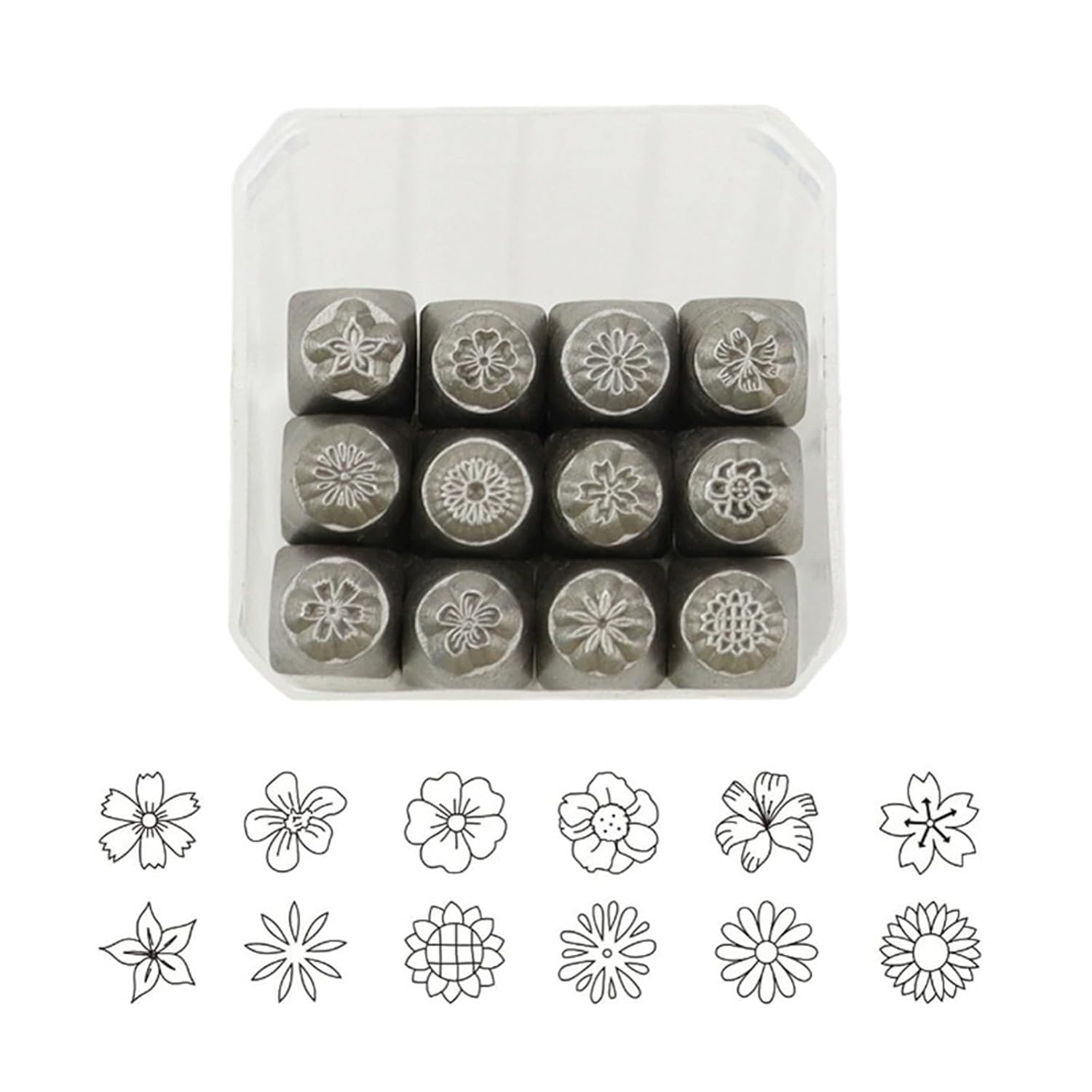 12Pcs Metal Stamping Tool Set 1/8” 1/4'' (3mm 6mm) Steel Flower Punch Set Leather Stamp for Jewelry Making DIY Craft Metal Punch Tool