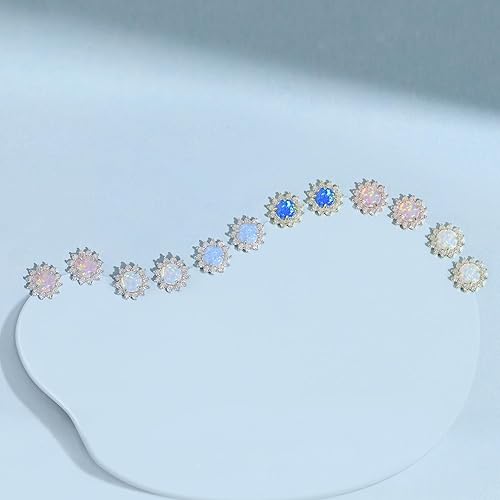 Miniatura 5 de Aretes de ópalo de fuego blanco de 0.177 x 0.177 in, delicados aretes redondos de ópalo con piedra natal de octubre, aretes de ópalo delicados