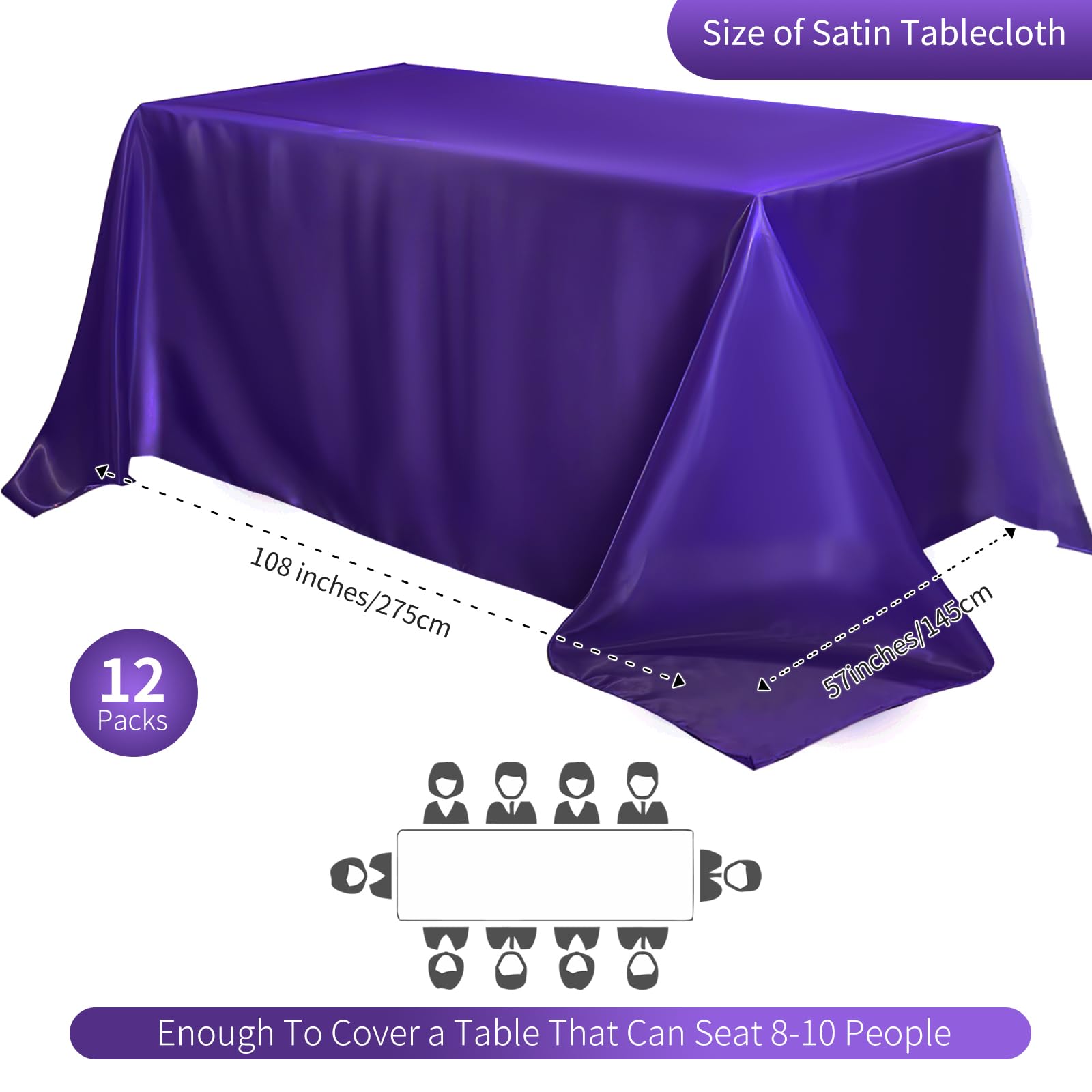 Paquete de 12 manteles rectangulares de satén para bodas, manteles rectangulares de seda brillante, tela suave, para bodas, banquetes, fiestas, eventos, decoración de mesa de celebración de cumpleaños