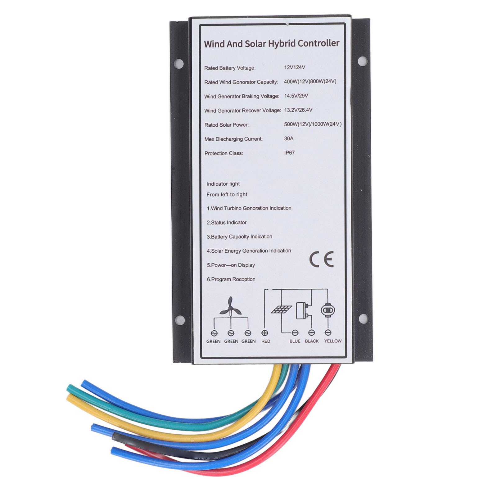 Regolatore ibrido solare eolico 30A, sistema di controllo della carica ibrido PWM per turbina eolica da 800 W e pannello solare da 1000 W con tracciamento MCT, alloggiamento in alluminio IP67, 12 V