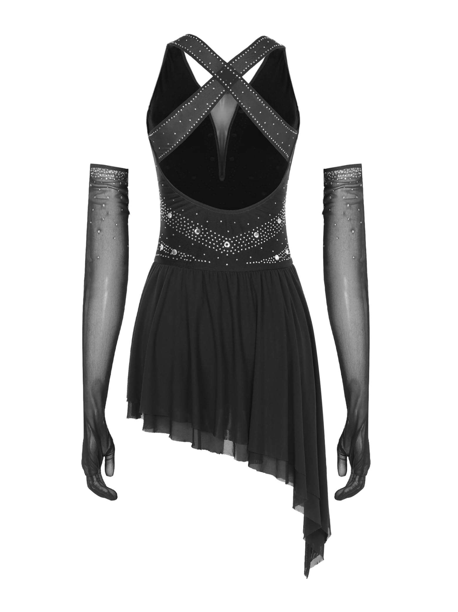 Sxiwei Ensemble Robe Patinage Artistique Femme Justaucorps Strass Asymétrique Robe Danse sur Glace Gymnastique
