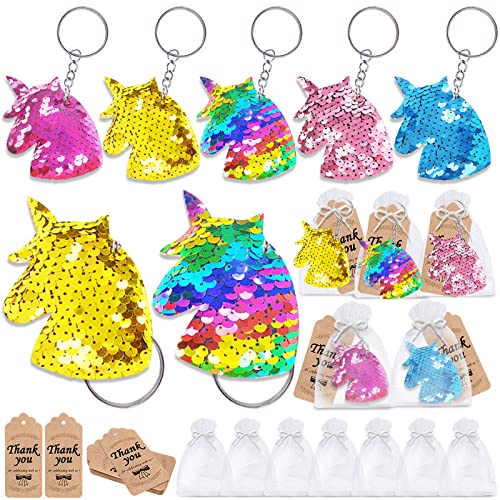 CiciBear 60 Pack Unicorn Double-Deck Flip Sequin Party Sets with 20 Keychains, 20 Thank You Tags and 20 Bags for Unicorn Party,Birthday,Carnival, Goodie Bag Stuffers, 5 Colors
