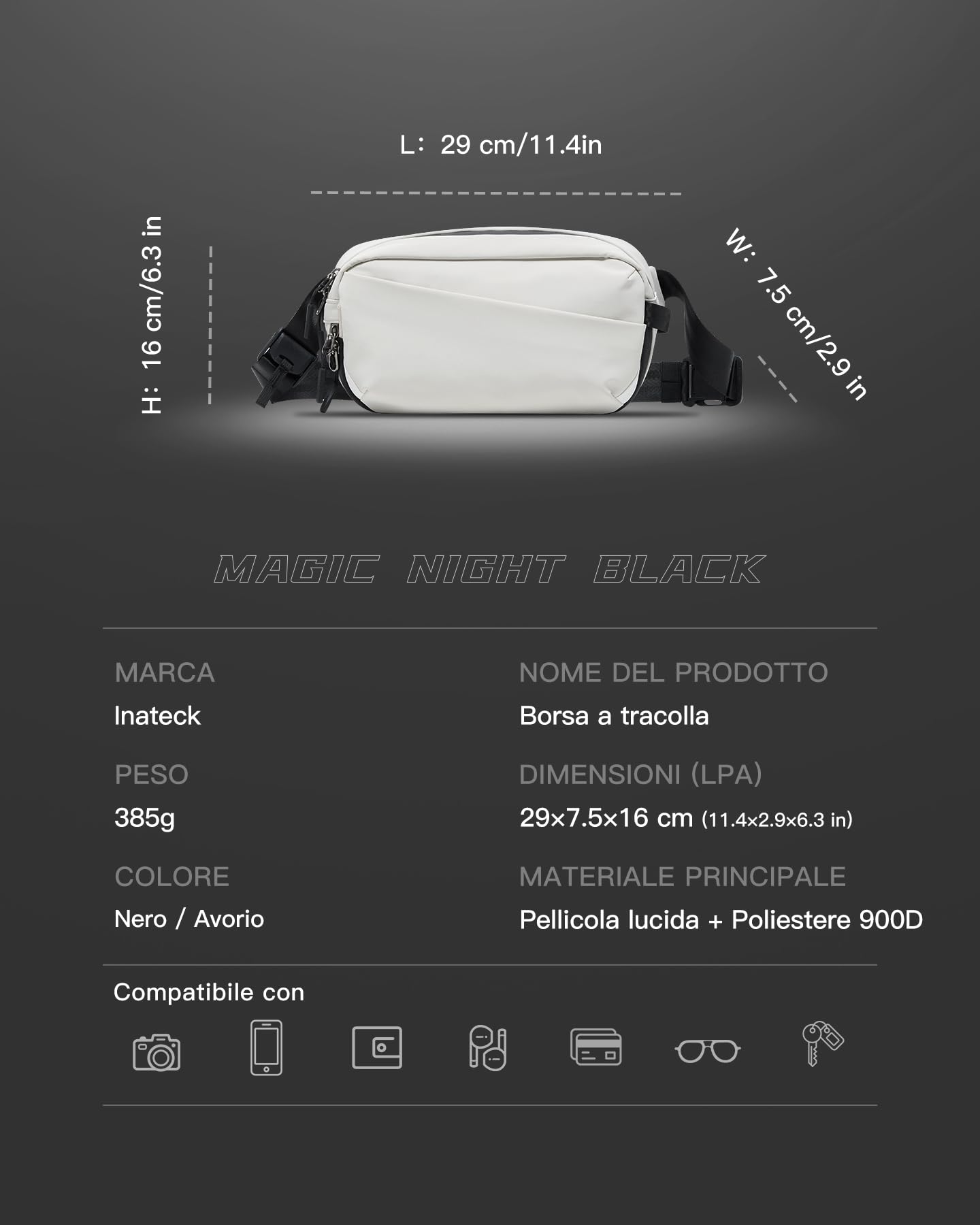 Inateck Sling Bag X-Pro, borsa a spalla e a tracolla espandibile e multifunzionale per dispositivi elettronici, 16 scomparti con tasca RFID, ideale per viaggi, pendolarismo, sport e tempo libero