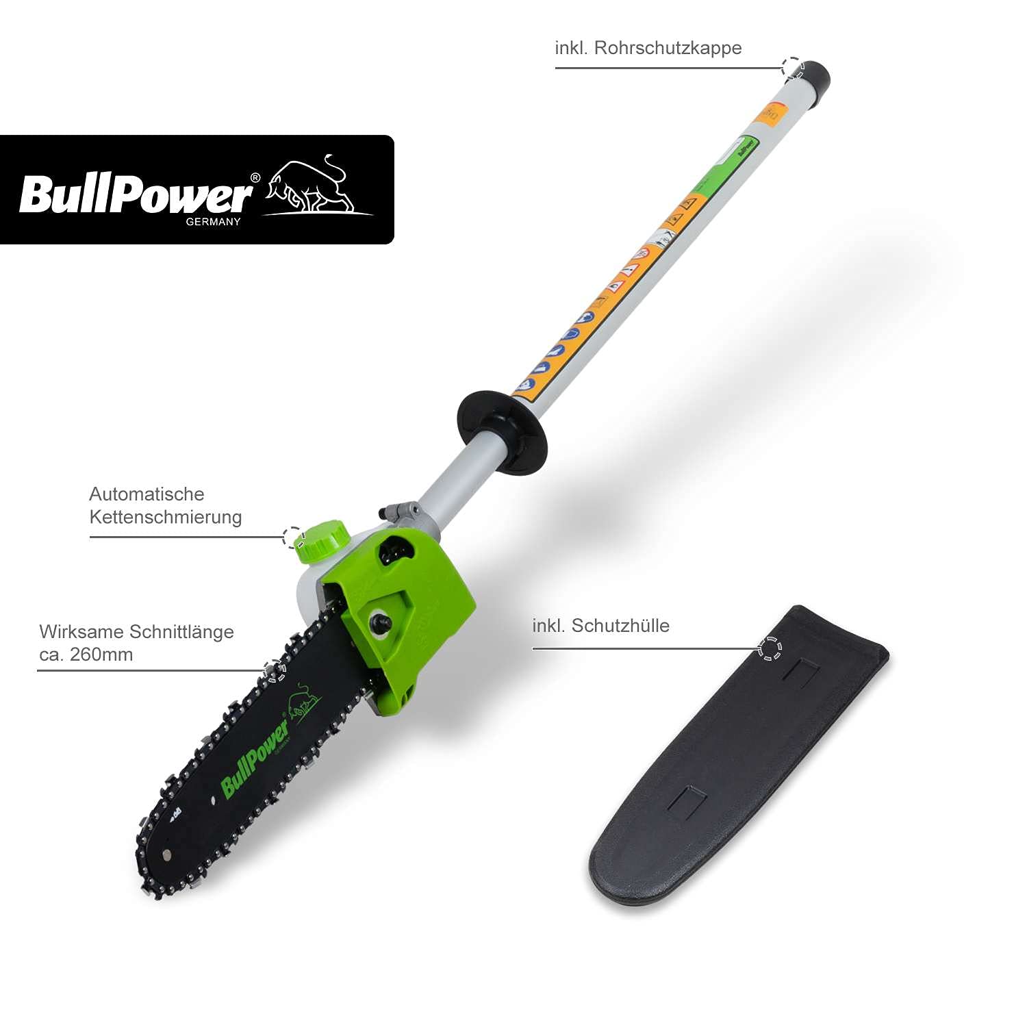 BullPower MF-5206 Multitool 5in1 Heckenschere Motorsäge Motorsense Benzin Rasentrimmer Freischneider Astsäge Hochentaster inkl. 90cm Verlängerung