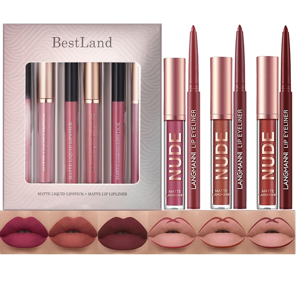 BestLand 6Pcs Matte Liquid Lipstick & Lip Liner Set – Waterproof, Long-Lasting Nude Lip Stain Makeup Kit, Velvety Texture, Gift Set (Vintage Charm Lip Set) | Long Lasting Wear, Waterproof Formula, Velvety Matte Finish, Highly Pigmented, Transfer Resistant, Makeup Gift Set For Women 6 Count Vintage Charm Lip Set