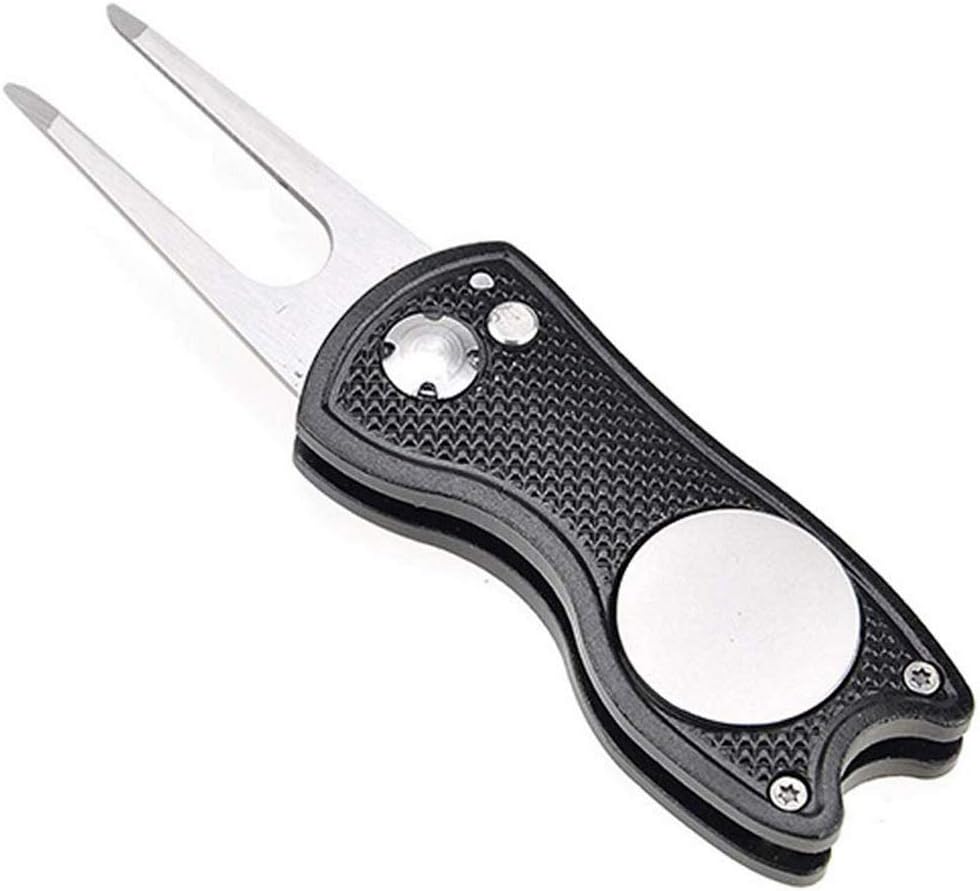 Metal Foldable Golf Divot Repair Tool with Pop-up Button & Magnetic Ball Marker