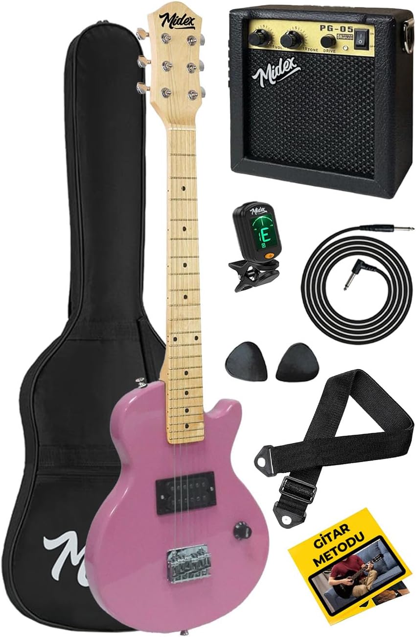 Midex CEG-34PK 5-8 Yaş Çocuklar İçin Amfili Full 1/2 34 İnç Elektro Gitar Seti Pembe