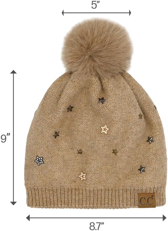 C.C Star Stud Fur Pom Beanie for Women - Recycled Yarn Stretchable Soft Warm Knit Winter Skully Hat with Faux Fur Pom