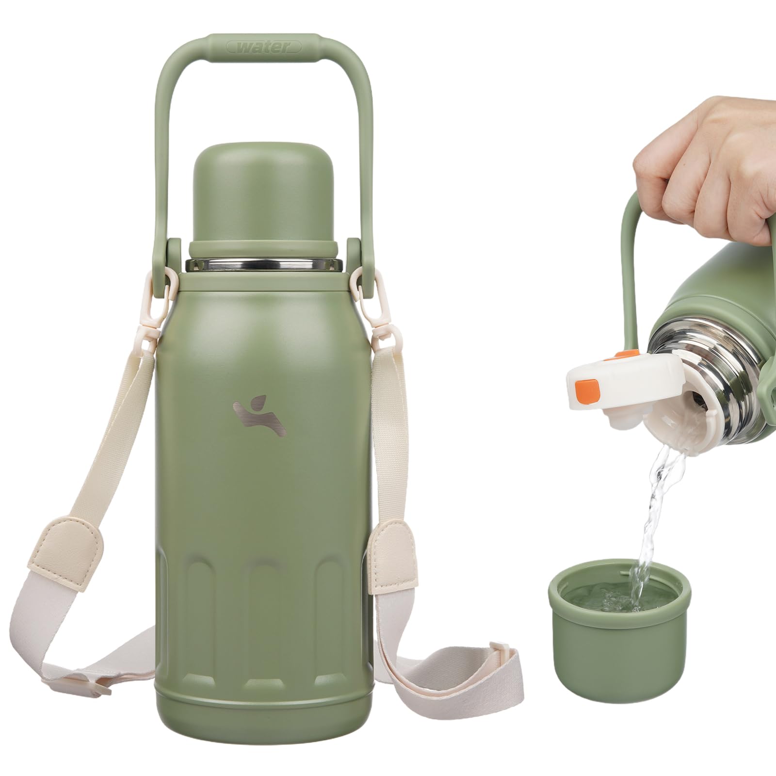 Insulated Water Bottle with Handle and Strap,Vacuum Travel Tumbler with Cup Lid,Thermo Coffee Cup for Hot Cold Drinks 40 OZ,Army Green