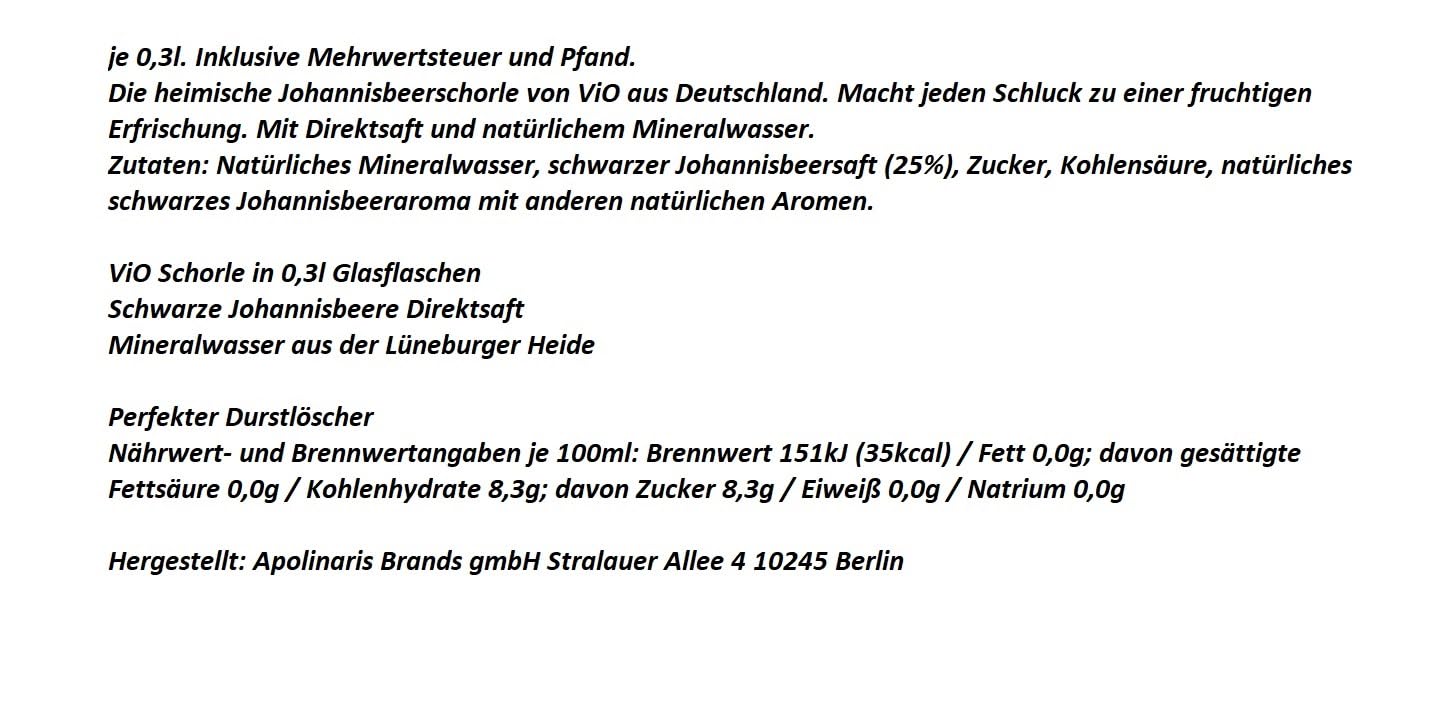 12 Flaschen a 300ml Vio Schorle Schwarze Johannisbeere inclusive 1.80€ MEHRWEG Pfand Glas