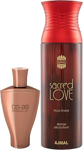Ajmal CD 99 Mukhallat Concentrated Perfume Oil Floral Oriental Alcohol-free Attar 14ml for Unisex and Sacred Love Deodorant Floral Musky Fragrance 200ml for Women FREE