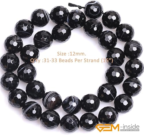 Miniatura 2 de GEM-Inside - Cuentas sueltas de ónix negro con bandas naturales, 0.472 in, cristal facetado redondo, piedra energética para fabricación de joyas, 15