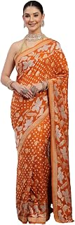 KISHORI Womens Women Mustard Pure Banarasi Bandhani & Floral Zari Weaving Silk Saree with Unstitched Blouse Price In India