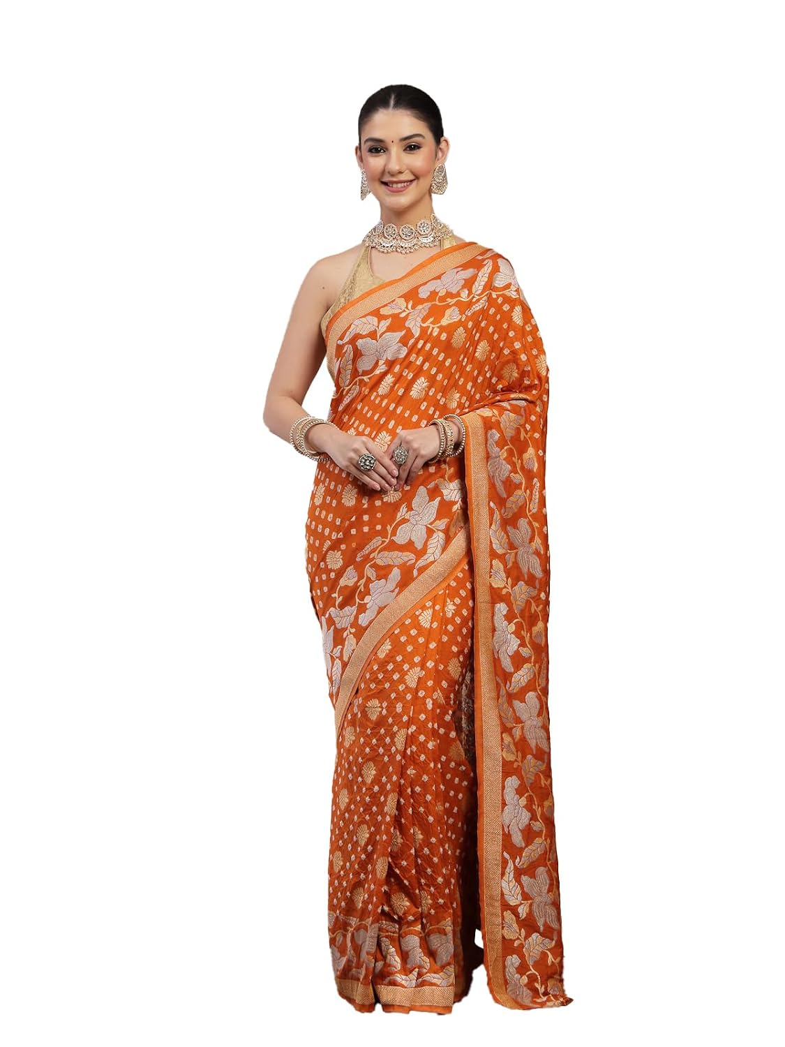 KISHORI Womens Women Mustard Pure Banarasi Bandhani & Floral Zari Weaving Silk Saree with Unstitched Blouse - Review, Price and Buying Guide