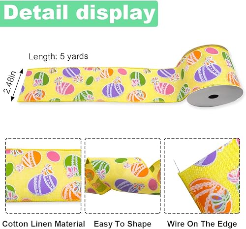 Miniatura 8 de 2 rollos de cinta de Pascua con borde con alambre de 10 yardas, lazos de arpillera de puntos blancos y morados de 2.5 pulgadas para corona, huevos