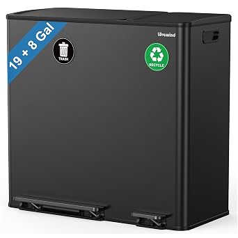 Dual Trash and Recycling Bins for Kitchen, 19+8 Gallon 72+30L Stainless Steel Trash and Recycle Bin Combo with Soft-Close Lid, Large Garbage Cans for Kitchen Home with 2 Magnets Sticker, Black