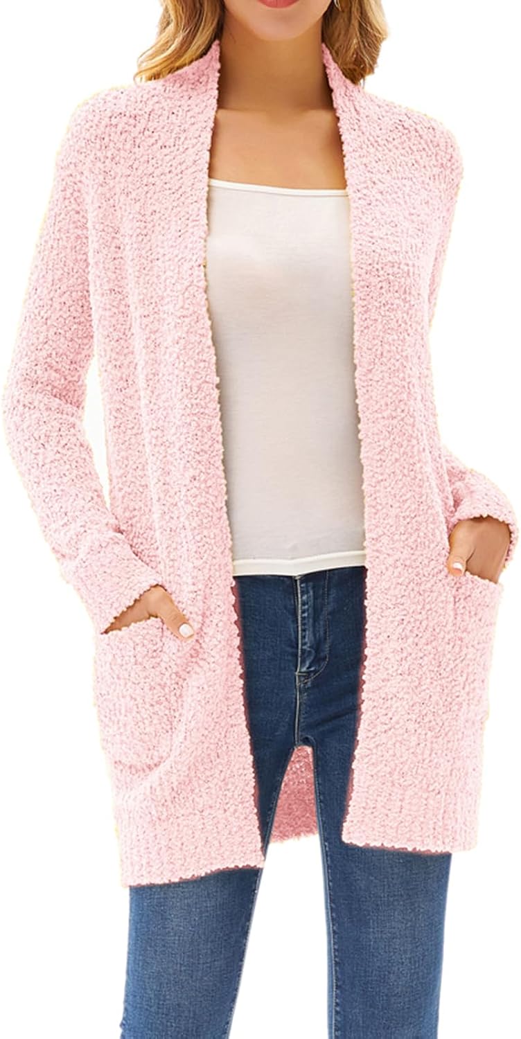 GRACE KARIN Long Cardigan Sweaters for Women, Open Front Fuzzy Winter Coat, Chunky Knit Winter Clothing with Pockets