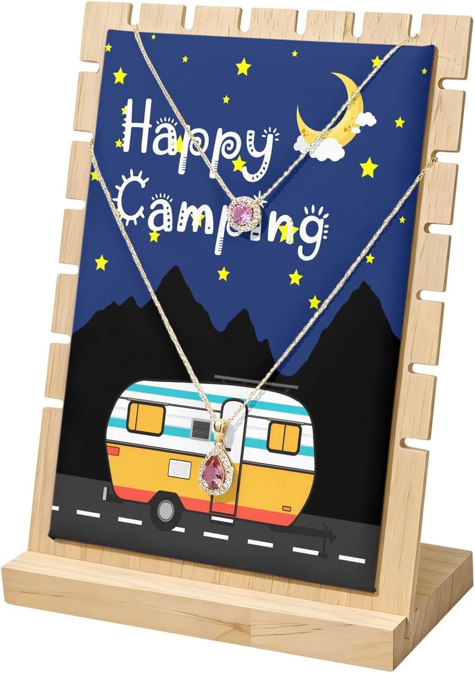 Necklace Display Stand,Happy Camping RV Night Star Moon Wooden Pendant Necklaces Holder Stands with PU Panel Farm Mountain Watercolor Truck Jewelry Rack Organizer for Vendors and Home,7x3x9in