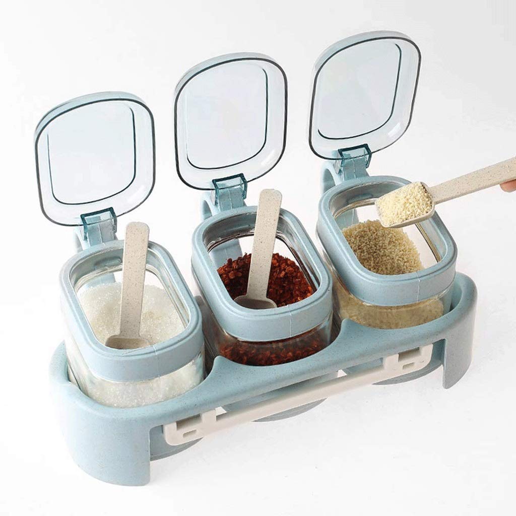 Juego de tarros de condimentos de vidrio transparente para condimentos, recipiente de especias con tapa y cuchara, utensilios con bandeja (cuatro rejillas verdes) 3360053031 azul dos rejillas
