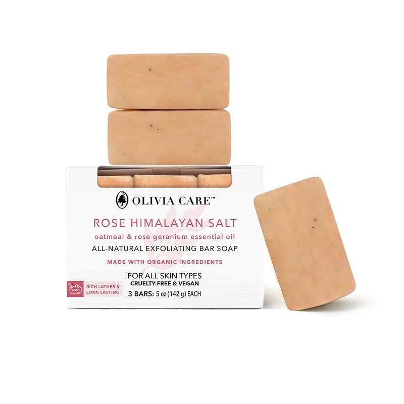 Sabonete em barra esfoliante Olivia Care com sal rosa do Himalaia, aveia e óleo essencial de gerânio e rosa, Pacote com 3