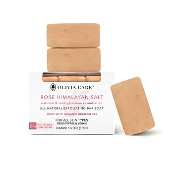 Olivia Care Exfoliating Bar Soap With Rose Himalayan Salt Natural & Organic - Infused w/Oatmeal & Rose Essential Geranium Oil - Moisturize, Detoxify, Hydrate - 3 X 5 OZ