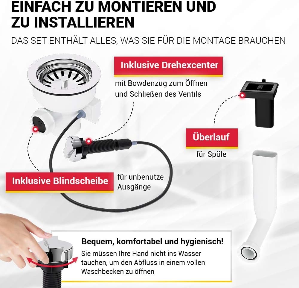 Aquade Siebkorbventil 114mm - Siebkorb Spüle - Siphon Spüle - Sifon Spüle Set Für Küche - Spülbecken Abfluss - Modell: Bowdenzug + Abtropfüberlauf