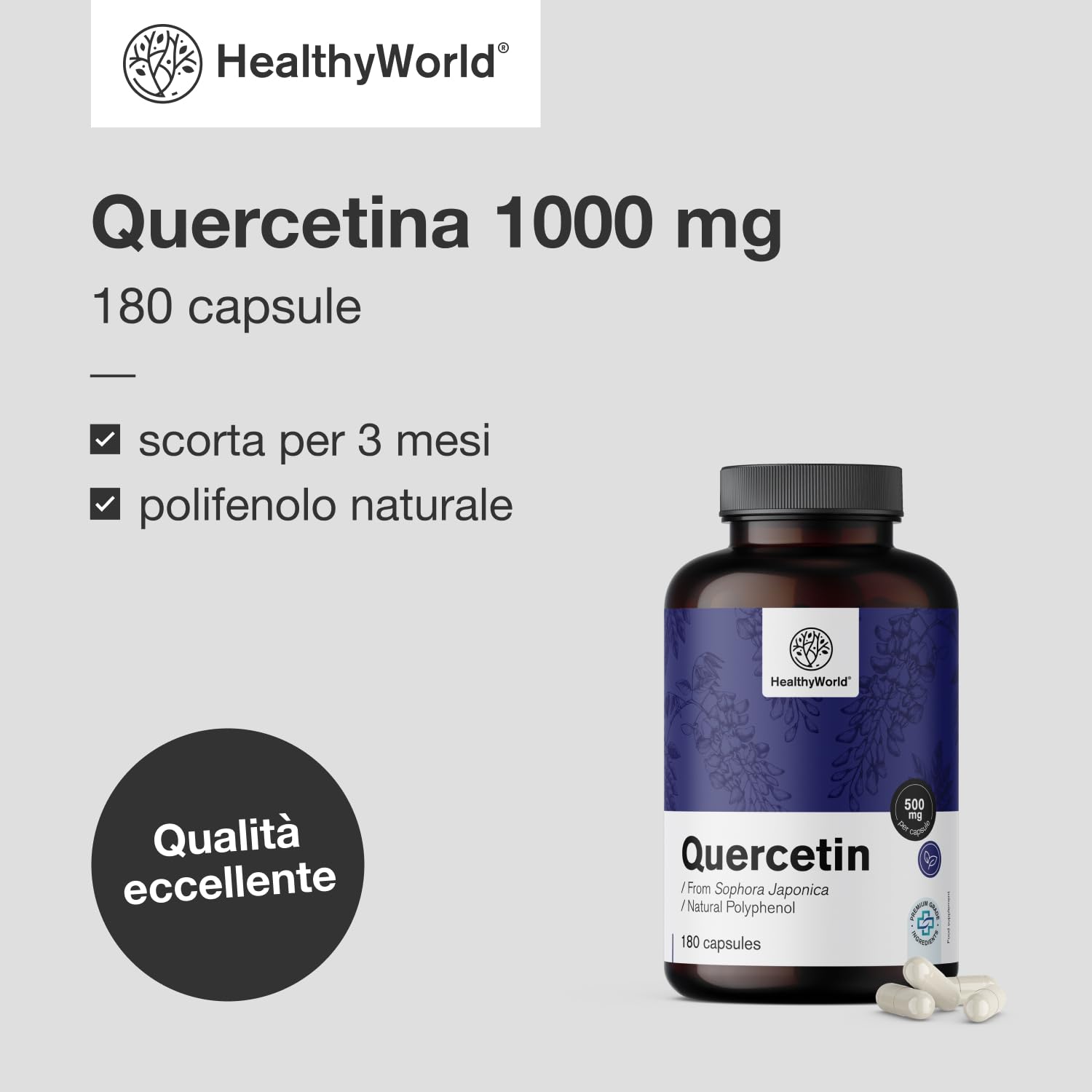HealthyWorld Quercetina 1000 mg – 180 Capsule Vegetali – Dall'estratto dei fiori di sophora del Giappone – Alto Contenuto di 1000 mg per Capsula – Senza OGM e allergeni – Scorta per 3 mesi