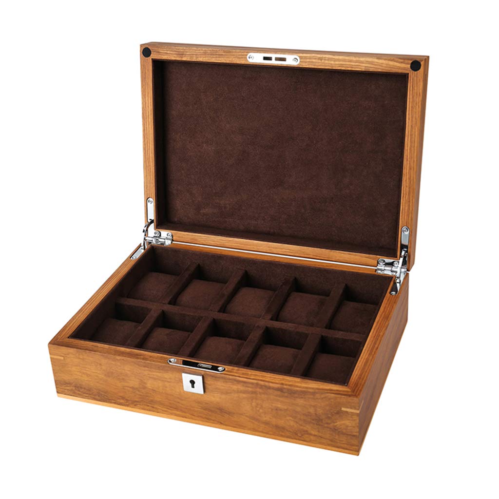 HVMBEUGOS Watch Display Storage Box Pure Wooden Watch Box 10 Grids With Lock Flocking Lining Jewelry Watch Storage Display Box Men And Women Gifts - 30×22×9.5cm