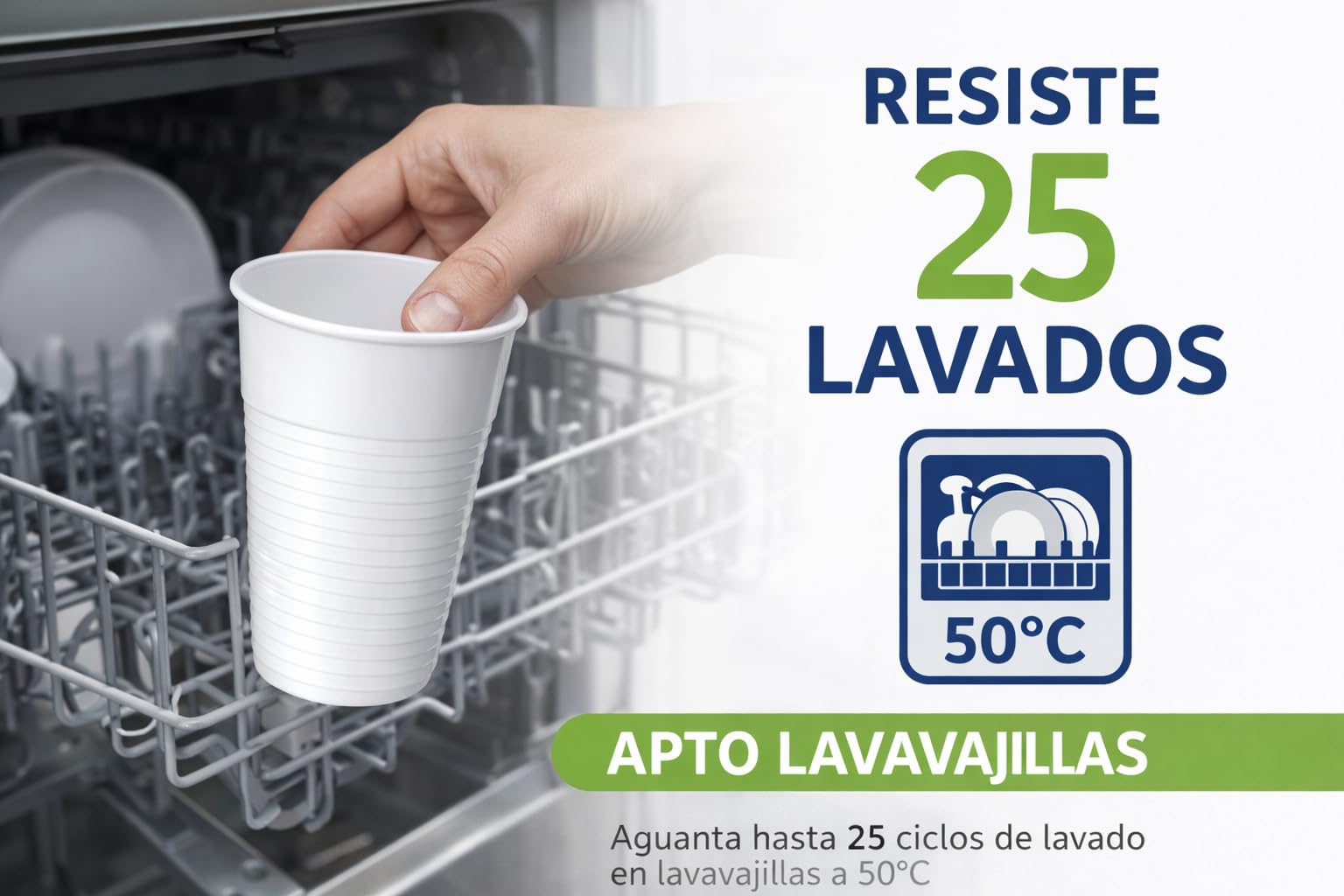 Vaso Reutilizable de Polipropileno 200/220 ml Blanco – Apto Lavavajillas 50 °C – Resiste 25 Lavados – Vaso Plástico Reutilizable para Hostelería, Eventos y Oficina (3000)