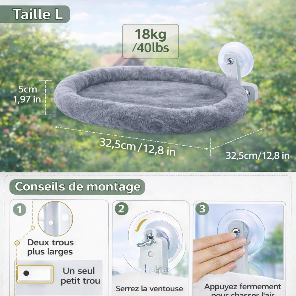 Hamac Chat Fenêtre avec Ventouses Renforcées – Lit Suspendu Réversible Été/Hiver – Perchoir Stable Jusqu’à 18 kg – Couchage Pliable en Hauteur – Taille L/XL – Blanc ou Gris (Gris, Large)