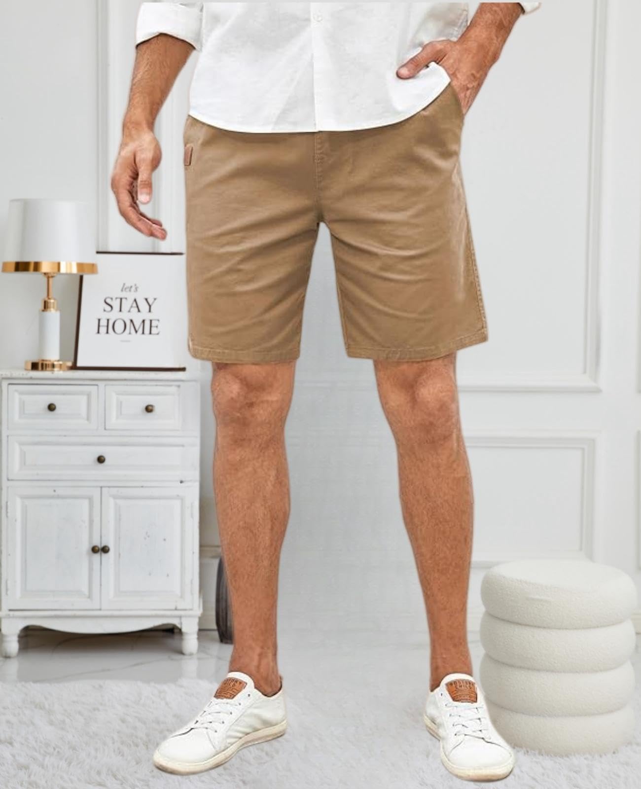 Mens Casual Shorts - Cotton Drawstring Summer Beach Stretch Twill Chino Golf Shorts
