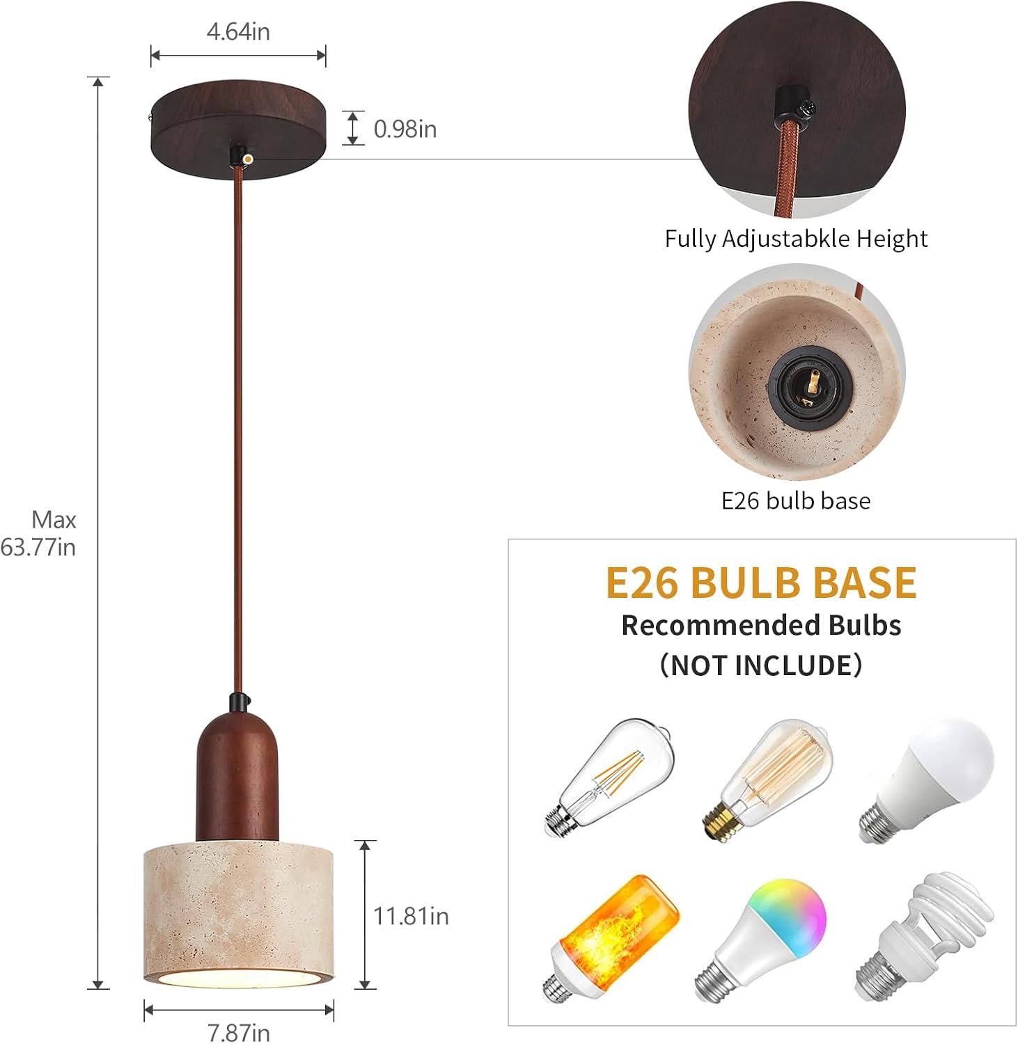 Japanese Wabi sabi Pendant Light Fixture,Modern Wood Hanging Lamp with Natural Stone Shade, Adjustable Height Pendant Lamp for Kitchen Island,Bedroom,Dining Room,Restaurant,Cafe(2-Pack)