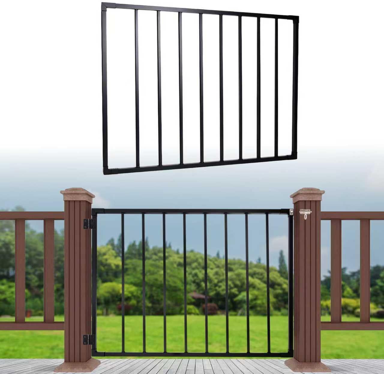Deck Fence Gate, 38" H x 48" W, Rust-Resistant Black Powder-Coated Metal Gate for Patio, Yard & Residential Fence