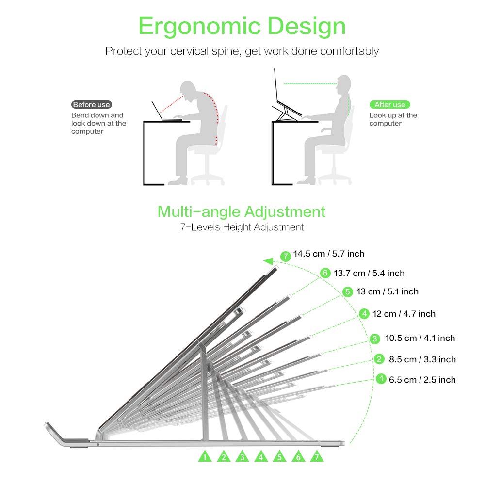 supporto per computer portatile, supporto per computer in alluminio, ascensore ergonomico per scrivania, supporto per notebook regolabile fino a 17", pieghevole, portatile