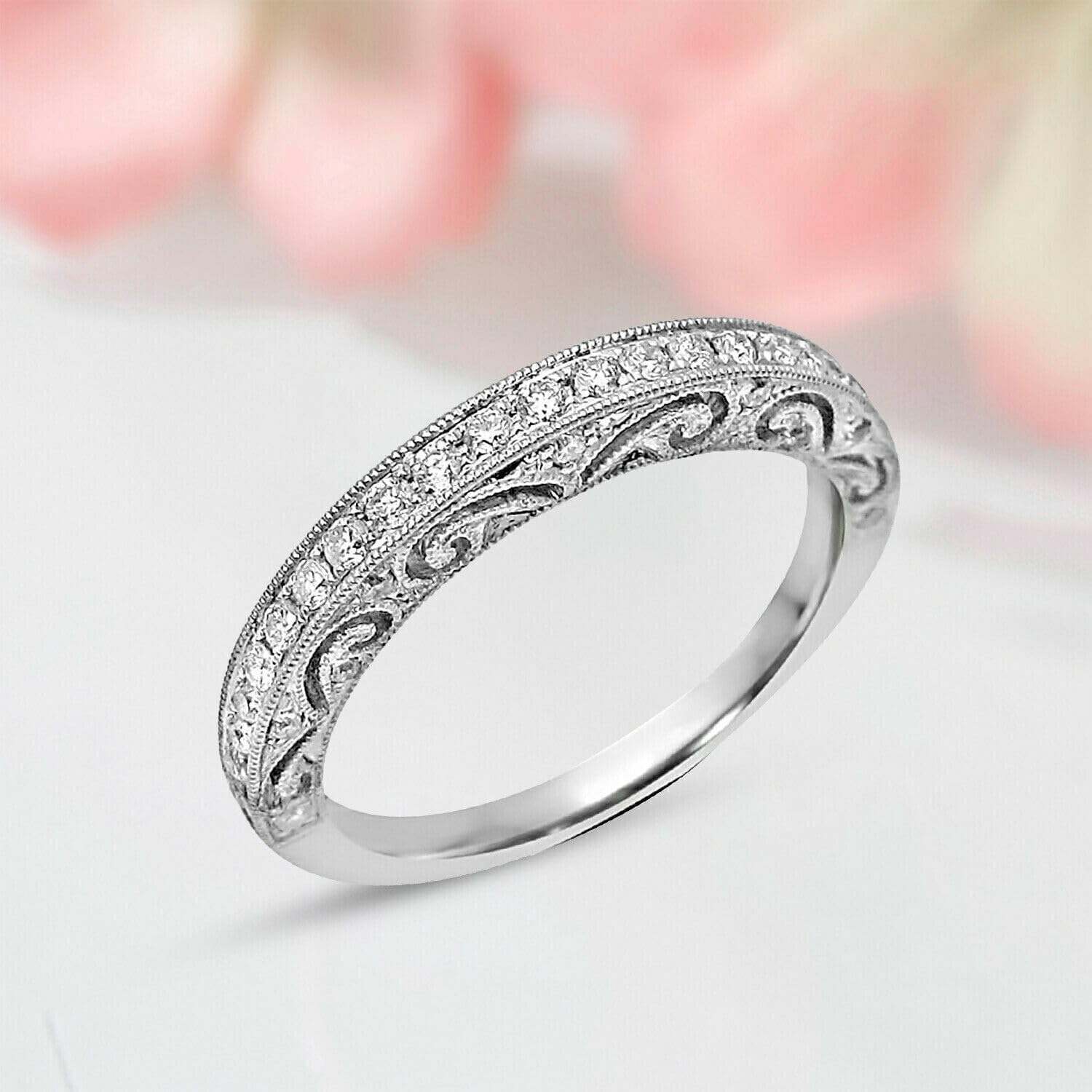 SilvaDeco Round Cut Diamond Art Deco Vintage Style Filigree Wedding Anniversary Eternity Milgrain Band Ring For Women 14K White Gold Plated 925 Silver Handmade Beautiful Gift Ring