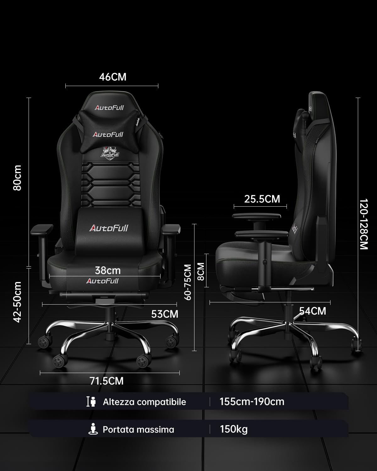 AutoFull C3 Sedia da Gaming Ergonomica | Gaming Chair con Braccioli 2D, Poggiapiedi, Poggiatesta & Cuscino Lombare | Portata 150 kg | Tessuto Confortevole (Nero)