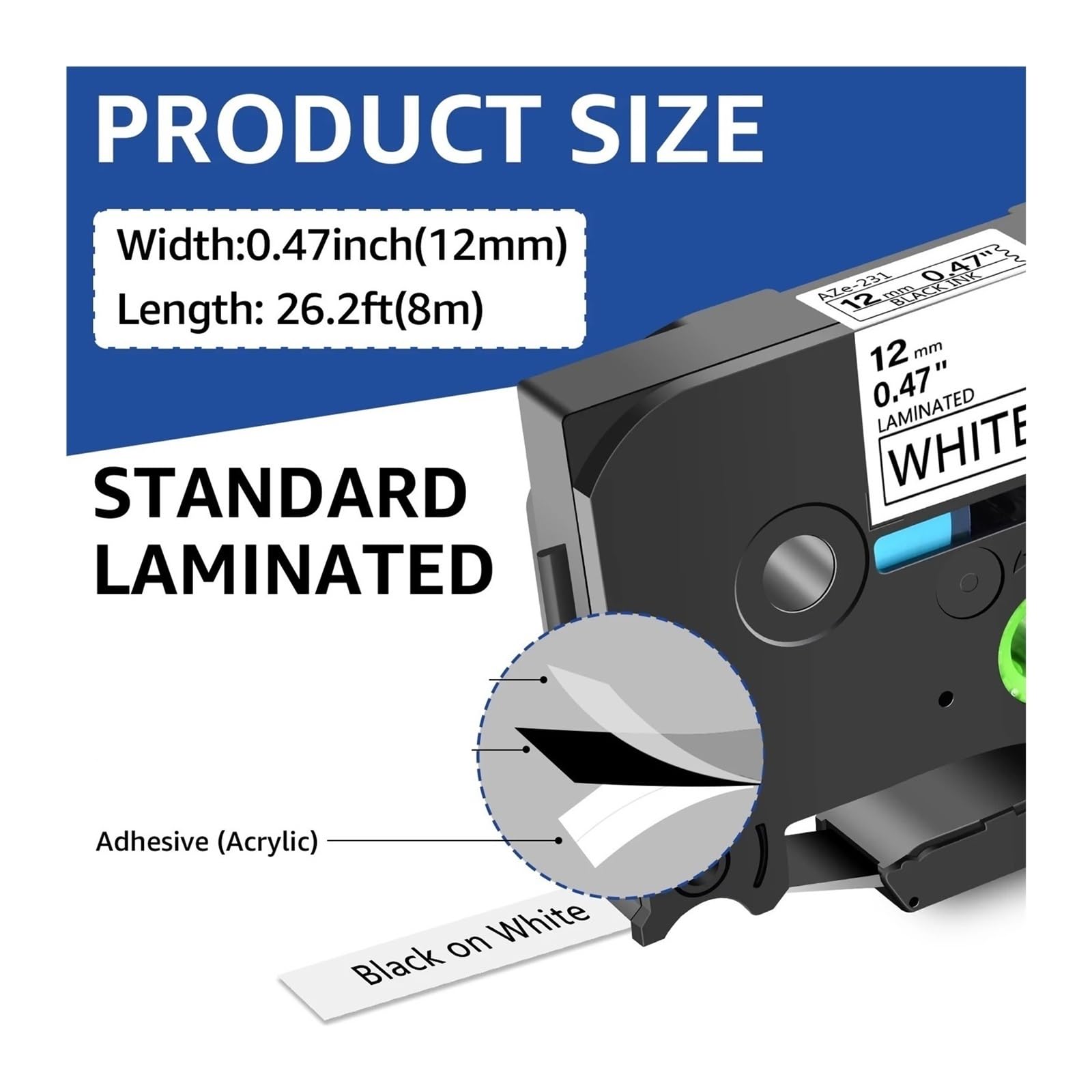 Paquete de 5/10 cinta laminada 12 mm Tze-231 for rotuladora P-Touch PTH110(12mm)