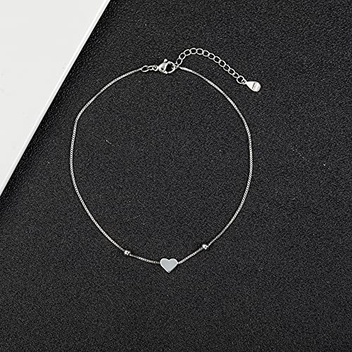 Kelistom Silver Anklet For Women Teen Girls, Heart/Beaded/Layered Chain Sterling Silver Anklet Foot Jewelry With Extension (Heart Chain) #TOP2