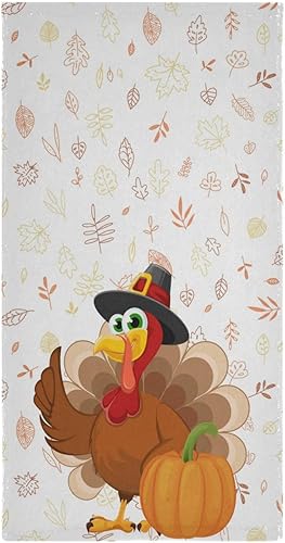 Miniatura 7 de Pfrewn Juego de 2 toallas de mano de pavo de Acción de Gracias para baño, divertido pájaro de dibujos animados con sombrero de peregrino, hojas de
