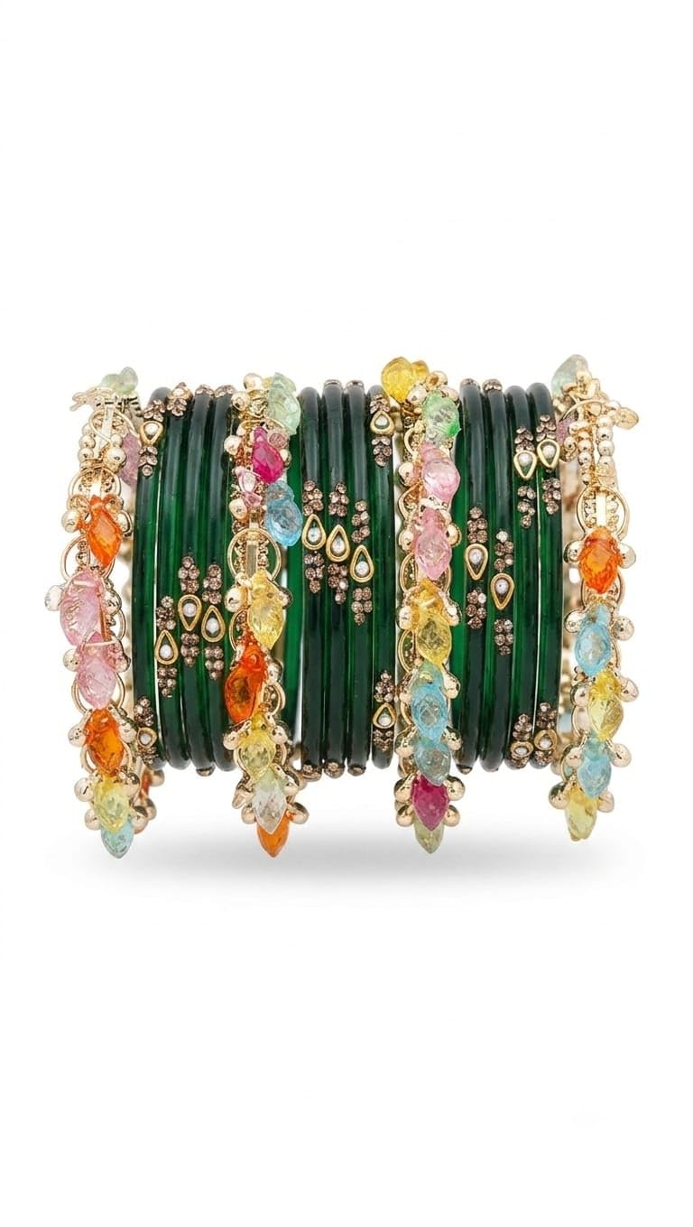 BANGLEBEE Sawan Special Glass Bangles Set for Women Green Glass Bangle Set for Women Gold-Plated Multicolor Stone Bangles Traditional Bridal Chudi for Teej, Karwa Chauth, Raksha Bandhan, Diwali & Wedding set of 16-image-9