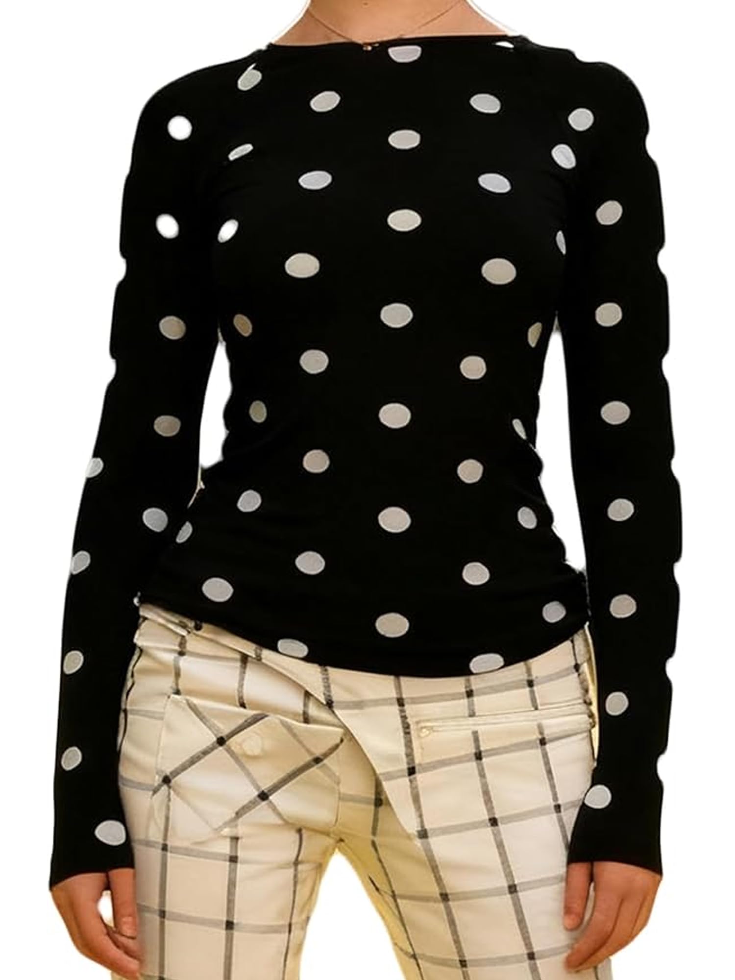 Women's Trendy Polka Dot Top Stretchy Slim Fit Basic Long Sleeve T Shirt Casual Going Out Crop Tops Streetwear (C-Black, XL)
