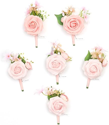 TINGE TIME Boutonniere - Juego de 6 ramilletes de novio rosa Sakura y Boutonniere para boda, aniversario, cena formal y baile de graduación
