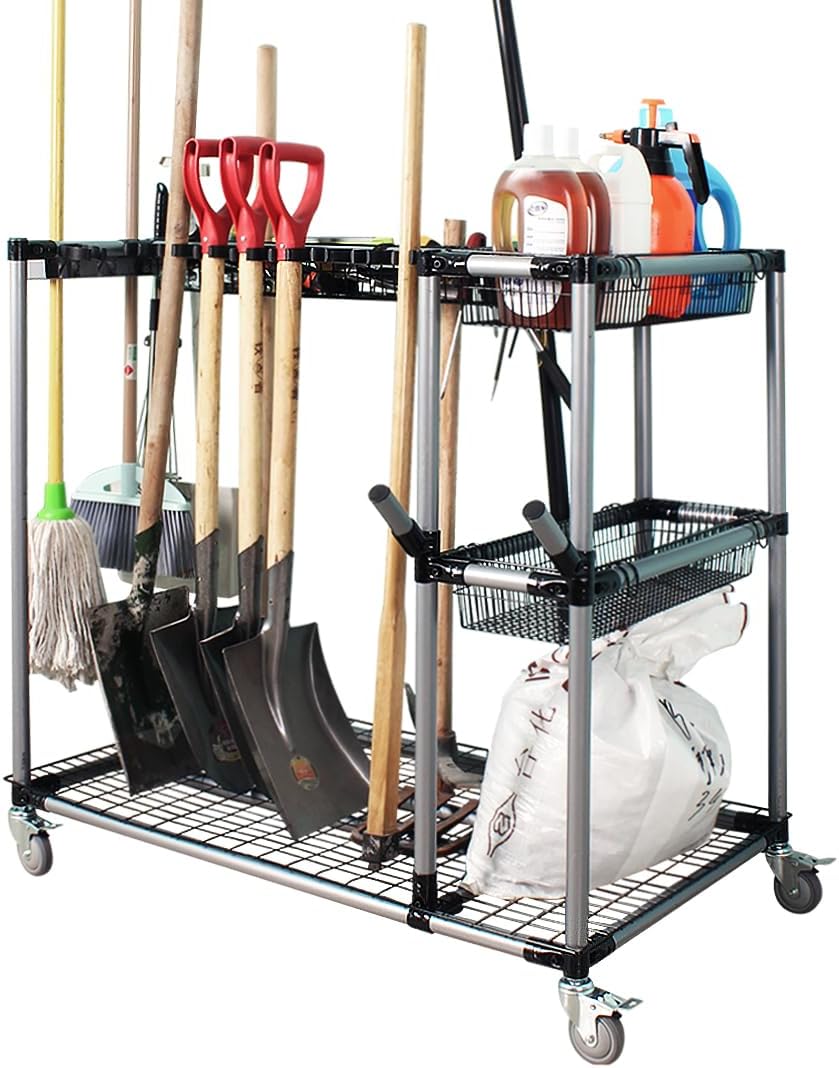Multifunctional Garden Tool Cart, Durable and Portable, with Wheels and Casters for Easy Movement, Holds Long Tools and Seeds, Gray Color, for Outdoor Use