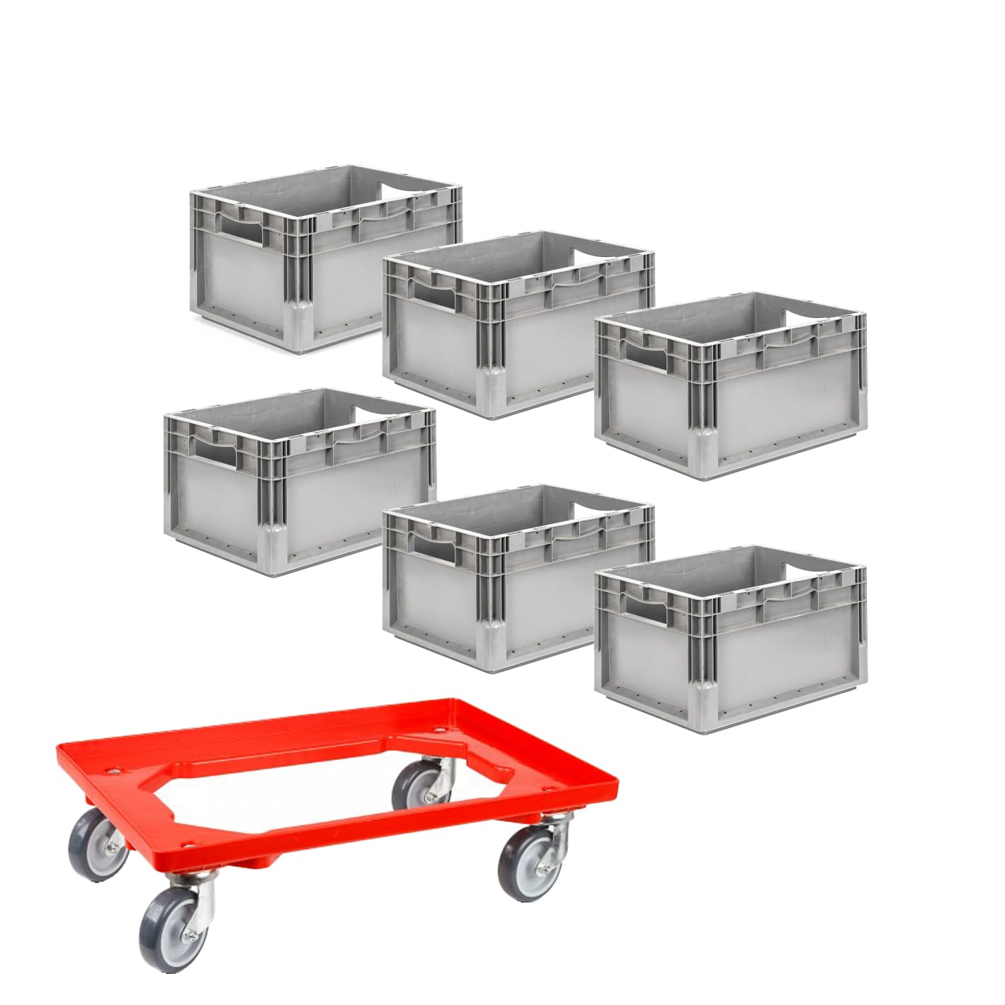 SSI Schäfer EuroBox ELB 4220 grau 40x30x22 cm, 20,4 L - gebraucht 6er Set inkl. neuem Rollwagen, Transportroller belastbar bis 300 kg, Kunststoffbehälter stapelbar, robuste Aufbewahrungsbox