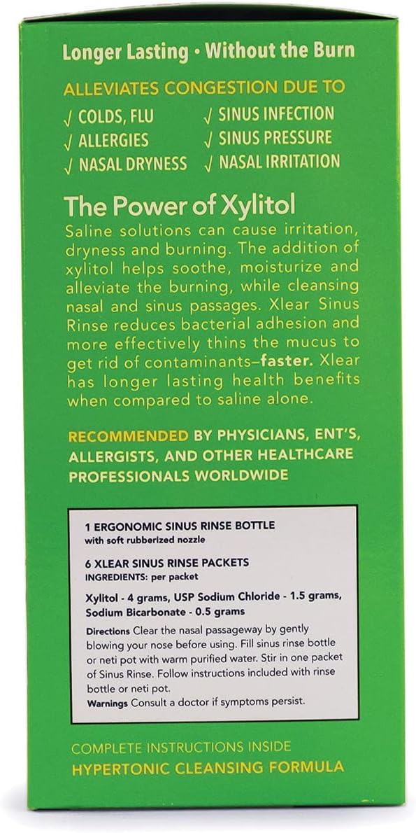 Xlear Natural Xylitol Nasal Irrigation System with 6 Saline Packets and 1 Sinus Rinse Bottle - Nose Cleaner for Fast Pressure and Congestion Relief (Pack of 3)
